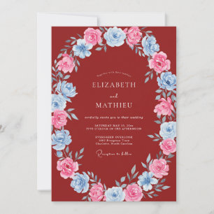 Invitation Mariage Floral Rose Rouge Bleu