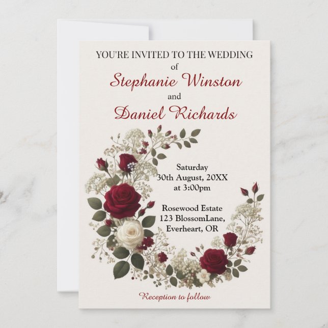 Invitation Mariage Floral Rose rouge et blanc (Devant)