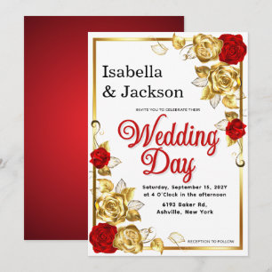 Invitation Mariage Floral Rose Rouge Et Or