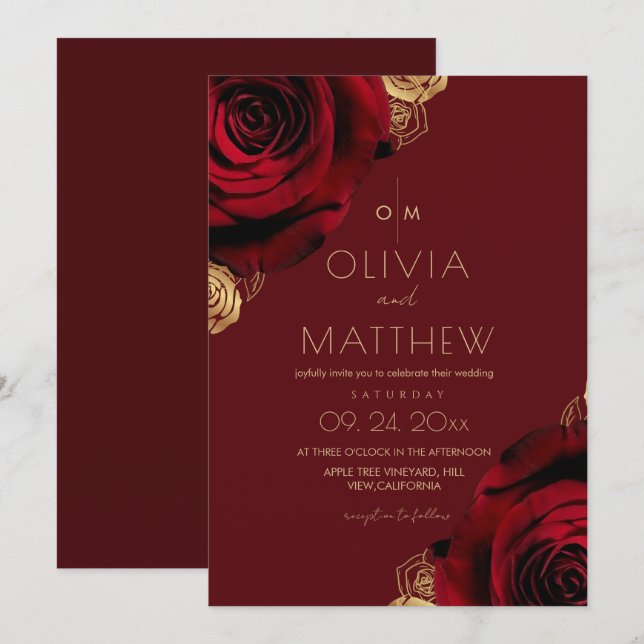 Invitation Mariage Floral Rose Rouge Romantique  (Devant / Derrière)