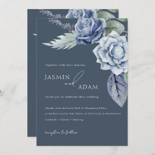 Invitation Mariage Floral Rose Royal Bleu simple