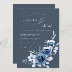 Invitation Mariage Floral Rose Royal Bleu simple