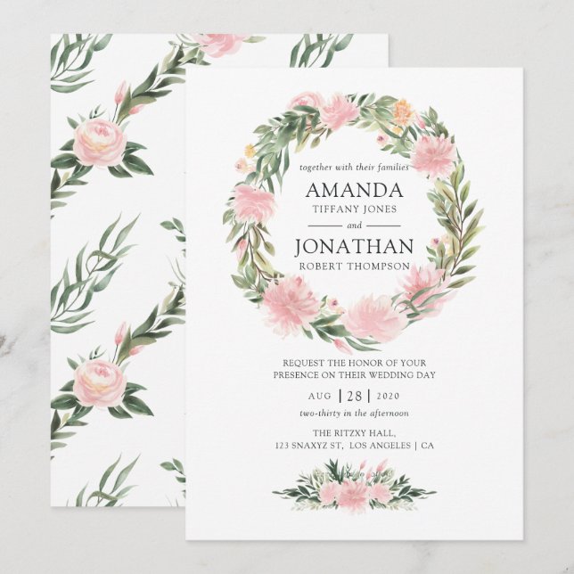 Invitation Mariage floral rose tropical (Devant / Derrière)