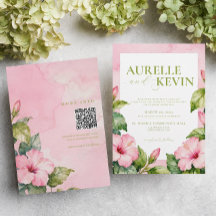 Mariage Floral Rose Vert Été QRcode Aquarelle