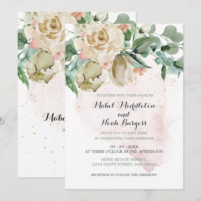 Invitation Mariage Floral Rose Vert feuillage Élégant Rose (Devant / Derrière)