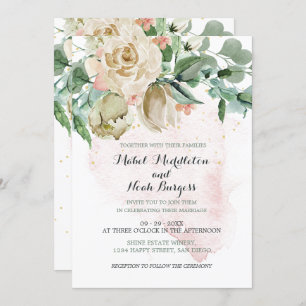 Invitation Mariage Floral Rose Vert feuillage Élégant Rose
