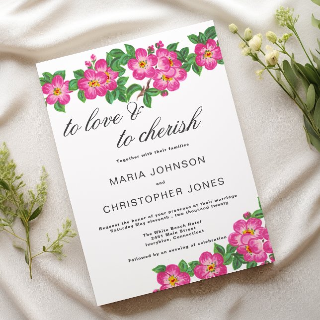 Invitation Mariage floral rose vert script classique (Classic script bright pink green floral wedding)