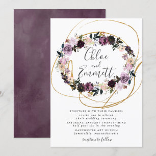 Invitation Mariage Floral rose violet en or