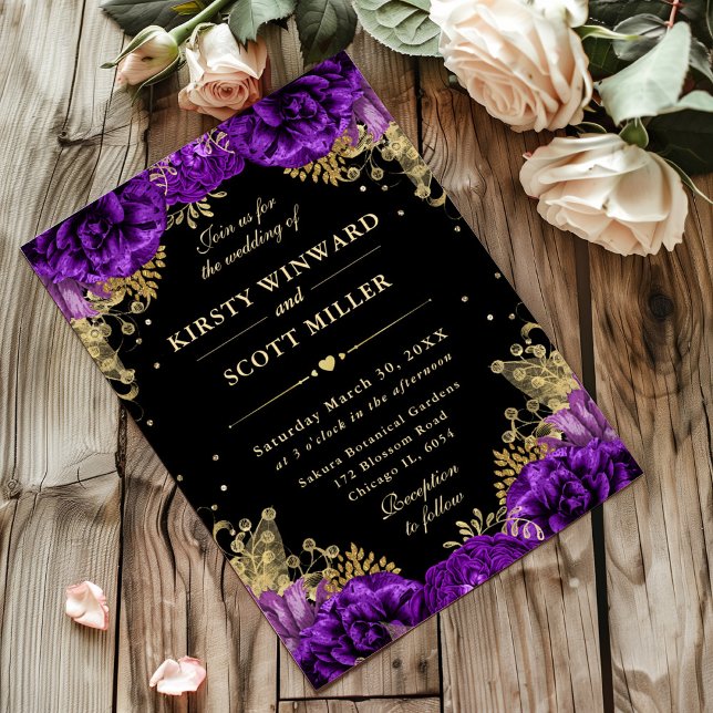 Invitation Mariage floral Rose violet et or (Créateur téléchargé)