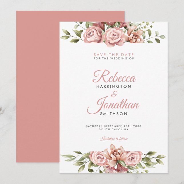 Invitation Mariage Floral Rose Vive Enregistrer La Date (Devant / Derrière)
