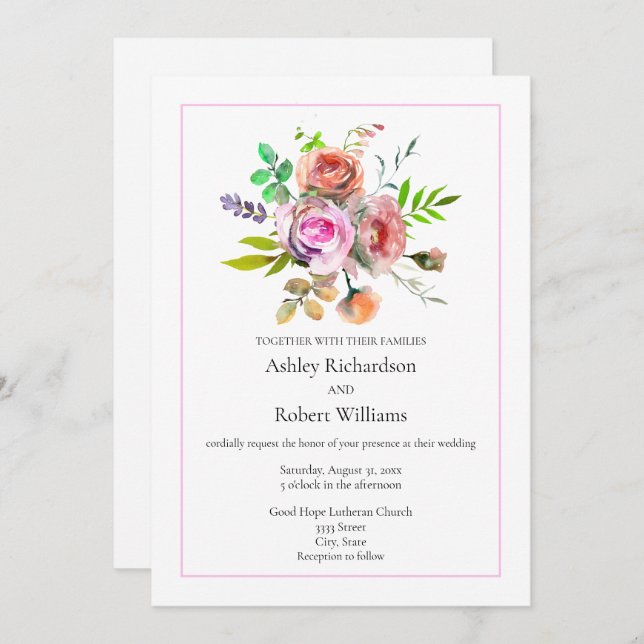 Invitation Mariage floral roseAquarelle (Devant / Derrière)