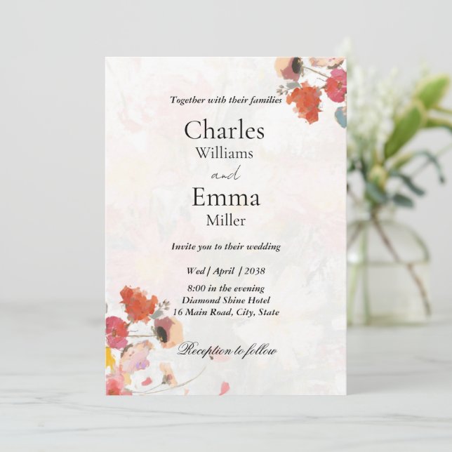 Invitation Mariage floral rouge boho et rose blush (Debout devant)