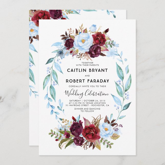 Invitation Mariage floral rouge bordeaux et bleu roux (Devant / Derrière)