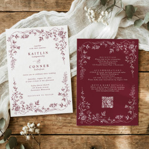 Invitation Mariage Floral Rouge Bourgogne Vintage Français