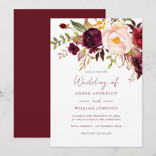 Invitation Mariage Floral Rouge Bourguignon  