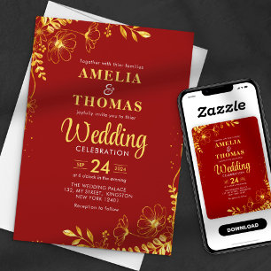 Invitation Mariage Floral Rouge Cramoisi & Or