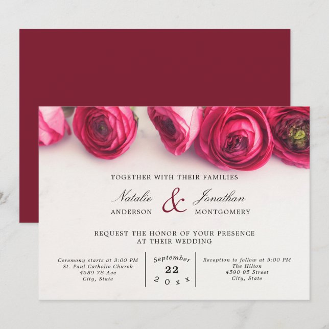 Invitation mariage floral rouge de la fleur ranunculus (Devant / Derrière)