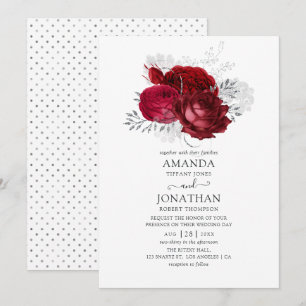 Invitation Mariage floral rouge et argent