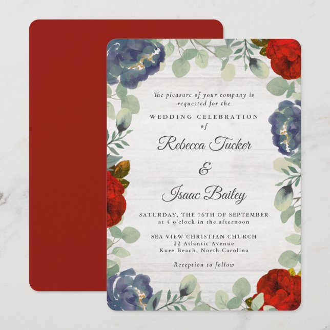 Invitation Mariage floral rouge et bleu rustique (Devant / Derrière)