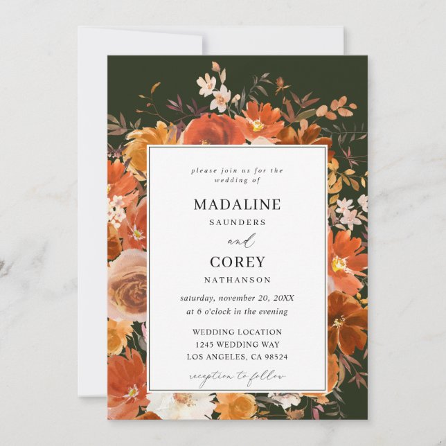 Invitation Mariage floral rouge et orange B - Vert (Devant)