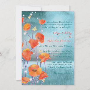 Invitation Mariage floral rouge et turquoise