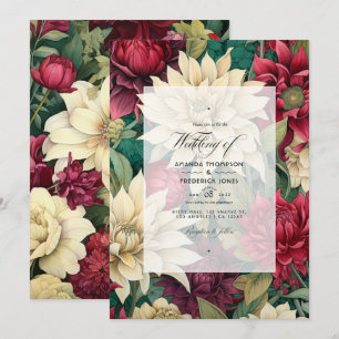 Invitation Mariage floral rouge foncé, crème et vert forêt