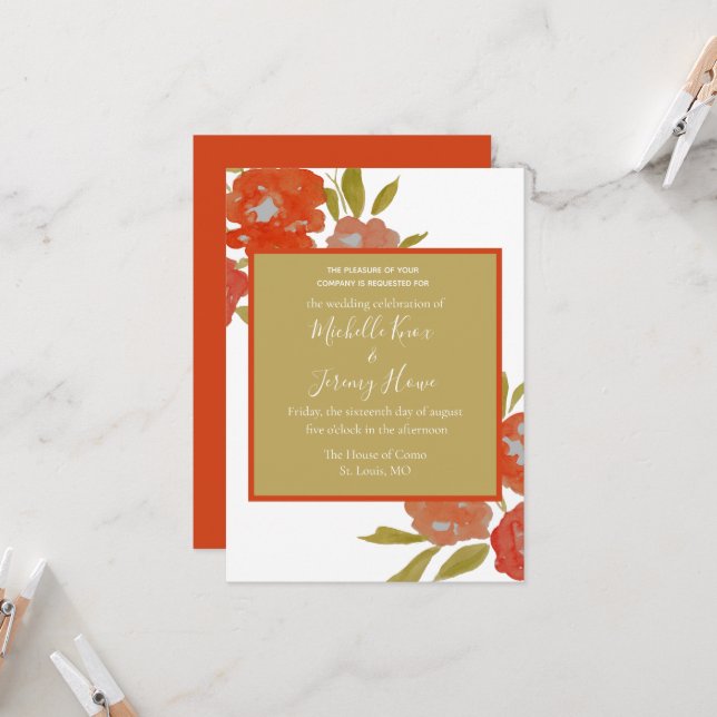 Invitation Mariage Floral Rouge Orange Doré Bohème de Budget (Devant/Arrière en situation)