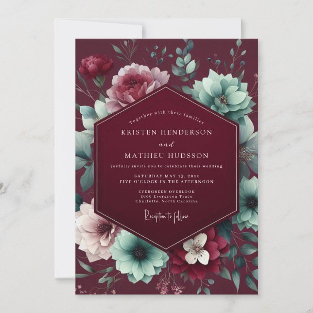 Invitation Mariage Floral Rouge Profond et Sombre (Devant)