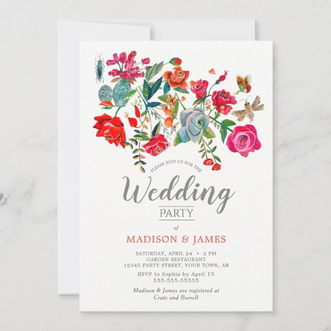 Invitation Mariage floral rouge rose brillant (Devant)