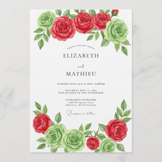 Invitation Mariage Floral Rouge Vert (Devant)