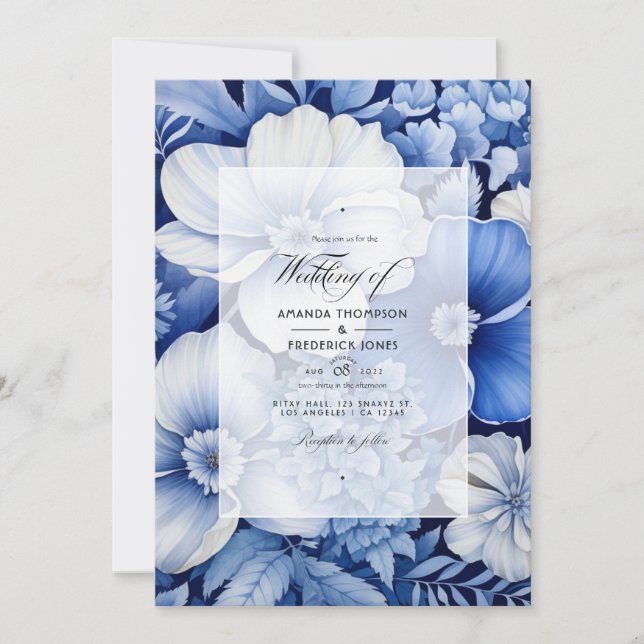 Invitation Mariage Floral Royal bleu et gris clair (Devant)