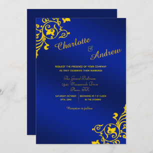 Invitation Mariage Floral Royal bleu et jaune or