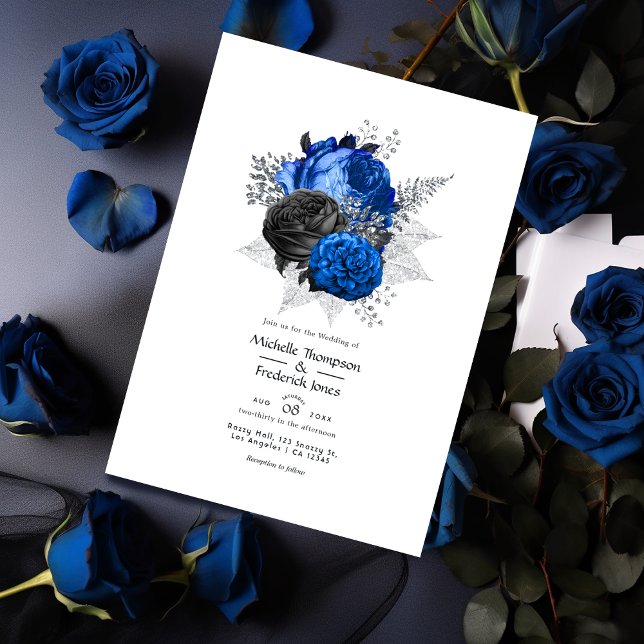 Invitation Mariage Floral Royal Bleu, Noir et Argent (Créateur téléchargé)