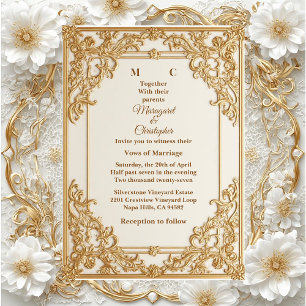 Invitation Mariage Floral Royal Héritage Orné Or Doré Vintage