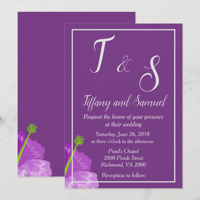 Invitation Mariage Floral Royal violet (Devant / Derrière)