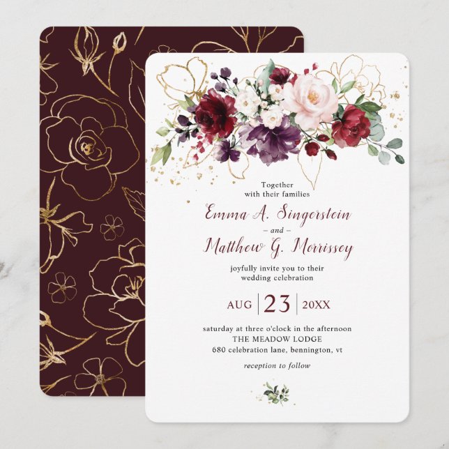Invitation Mariage Floral Rustique Burgundy en or (Devant / Derrière)