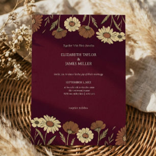 Invitation Mariage Floral Rustique Burgundy Fleurie