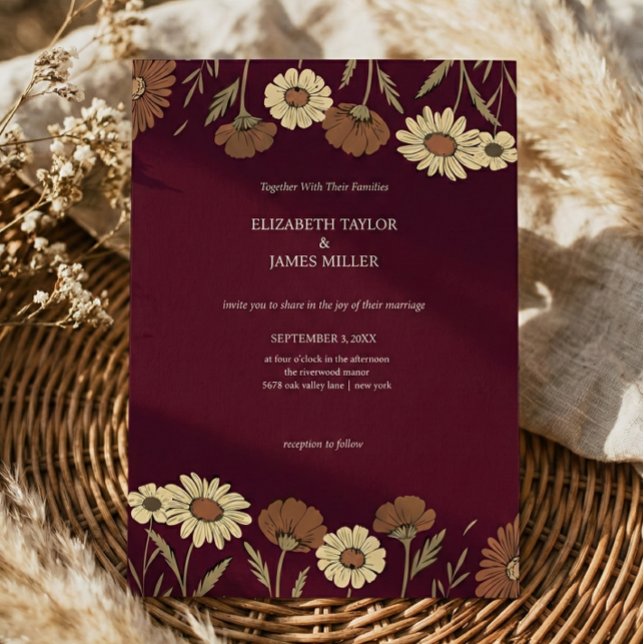 Invitation Mariage Floral Rustique Burgundy Fleurie (Créateur téléchargé)