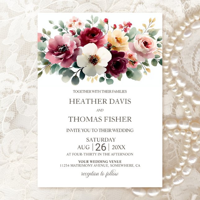 Invitation Mariage floral rustique de Bourgogne (Créateur téléchargé)