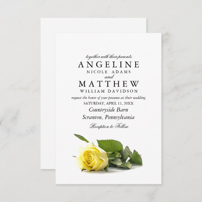 Invitation Mariage floral rustique de la classe rose jaune (Devant / Derrière)