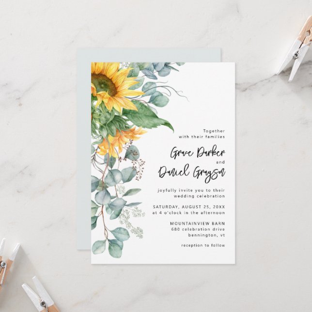 Invitation Mariage floral rustique de tournesol Eucalyptus (Devant/Arrière en situation)