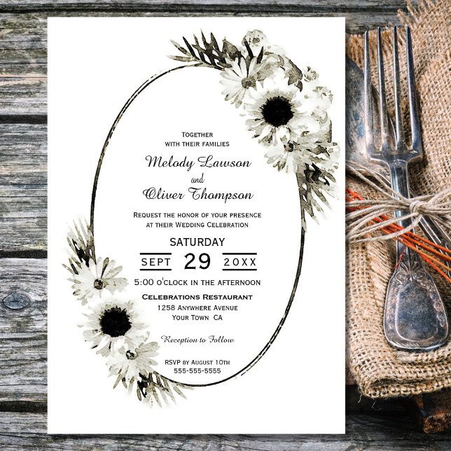 Invitation Mariage floral rustique de tournesol noir et blanc (Créateur téléchargé)