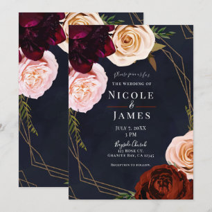 Invitation Mariage Floral Rustique Moderne Bleu Foncé & Or