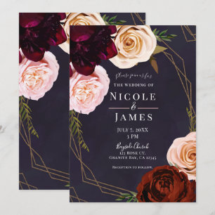 Invitation Mariage Floral Rustique Moderne Or Rose Pourpre Pr
