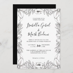 Invitation Mariage floral rustique noir blanc