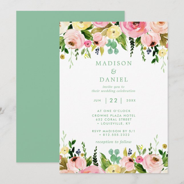 Invitation Mariage Floral Rustique Rose Et Vert Menthe (Devant / Derrière)