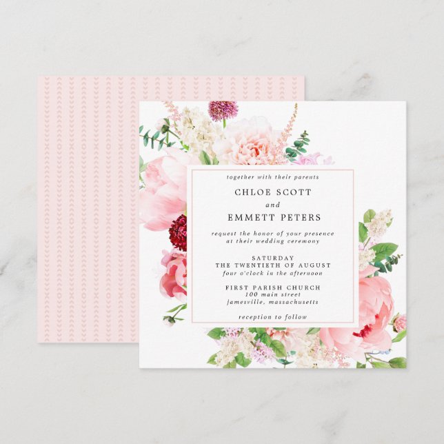 Invitation Mariage floral Rustique rose Peony (Devant / Derrière)