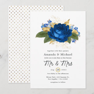 Invitation Mariage Floral Rustique Shabby Bleu Royal et Or