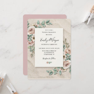 Invitation Mariage Floral Sable Vert Sauge Blanc Cassé