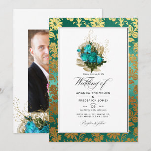 Invitation Mariage Floral Sarcelle Doré - Turquoise et Or